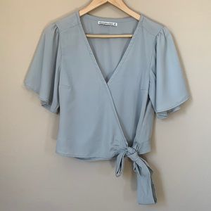 Abercrombie Light Sage Faux Wrap Blouse with Flutter-Sleeves